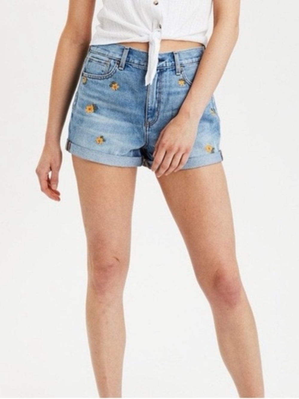 American Eagle Outfitters Sz 4 Denim Shorts with Yellow Floral Embroidery